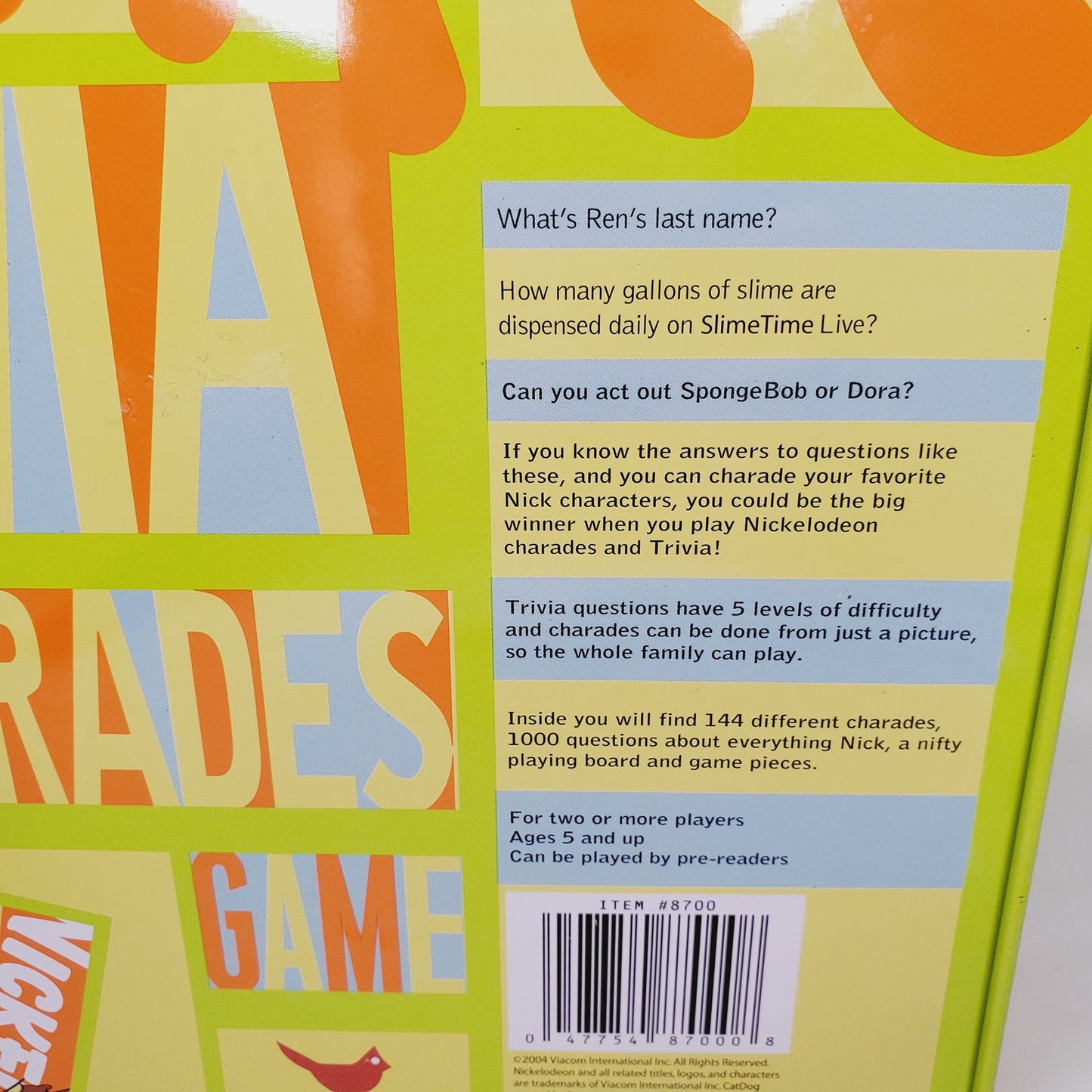 Vintage '04 Nickelodeon Trivia & Charades Game. Over 1000 questions & 30 Characters
