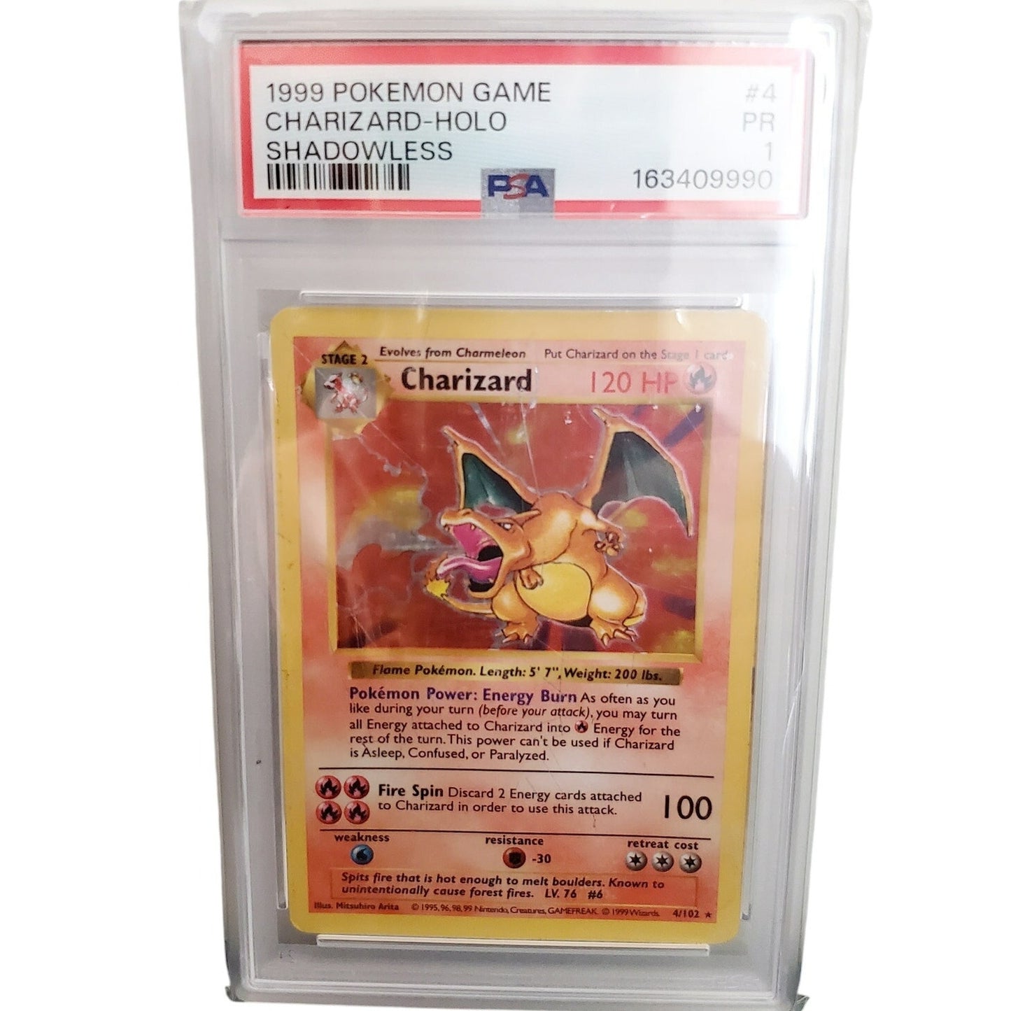 '99 PSA Graded Charizard Holo Shadowless in Plastic Protector Pokemon 4/102