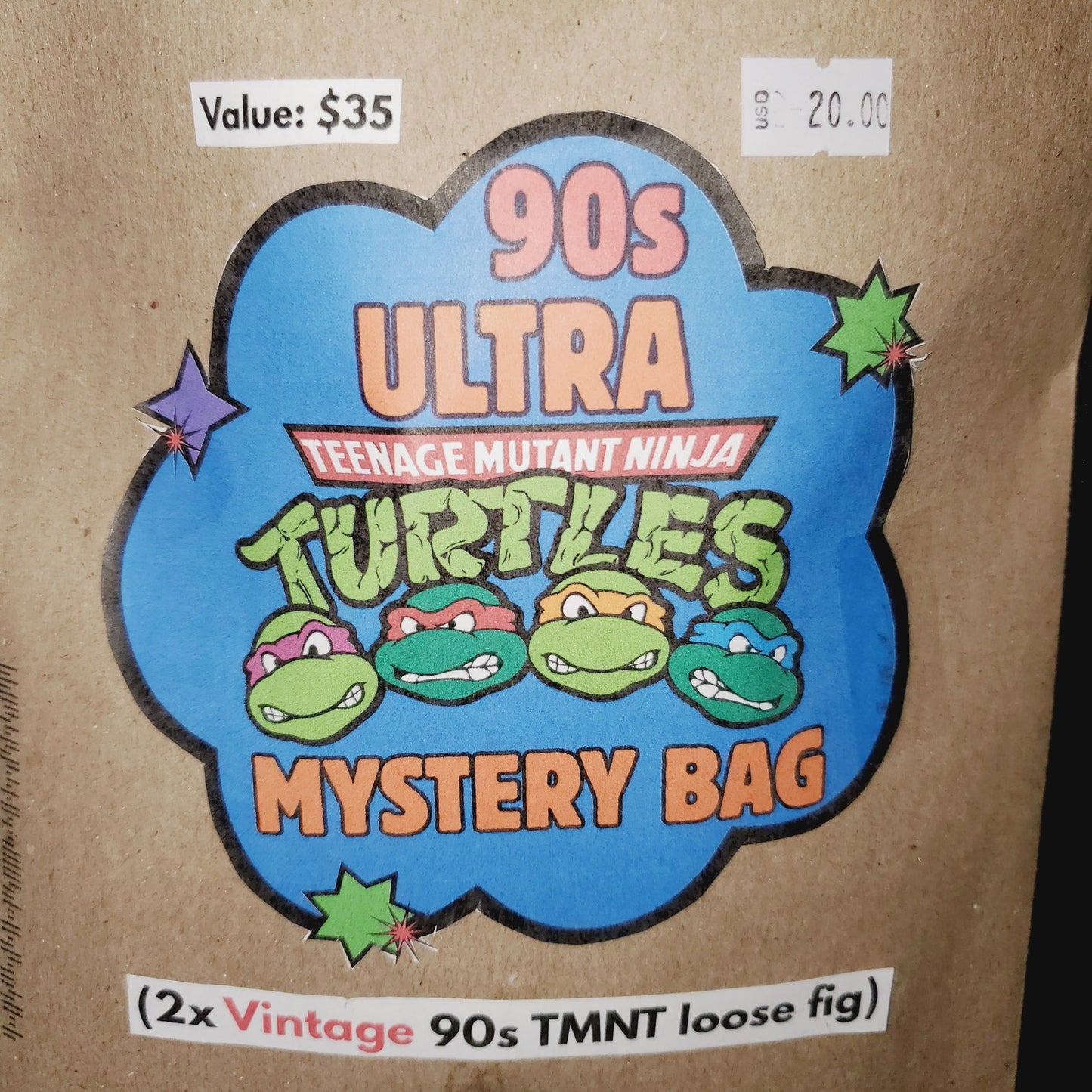 '90s TMNT Mystery Bag. 2x Vintage TMNT Loose Figs + BONUS McD's Mystery Toy