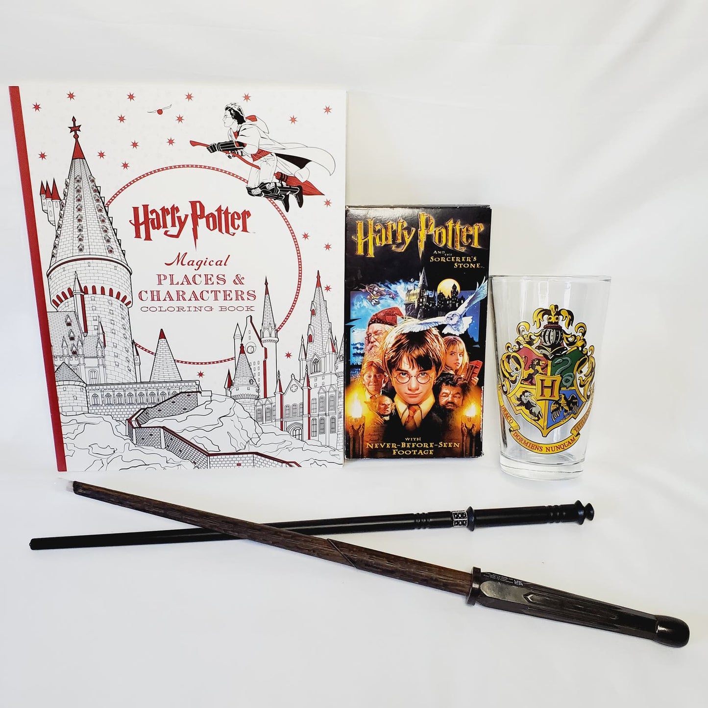 Harry Potter Bundle. Universal HP Wands, VHS, Magical Places Coloring, Glass Cup